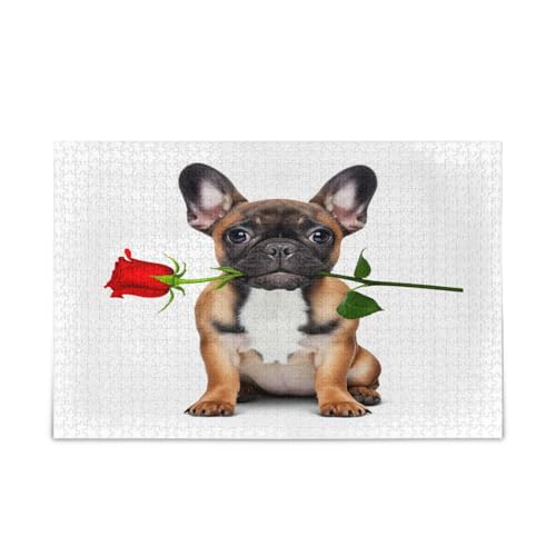 Niedliche französische Bulldogge Rote Rose Holzpuzzle Schöne Puzzles für Erwachsene 500 Teile Puzzle für Familie 50,5 × 37,8 cm Niedliche französische Bulldogge Rote Rose Holzpuzzle Schöne Puzzles für Erwachsene 500 Teile Puzzle für Familie 50,5 × 37,8 cm von RPLIFE
