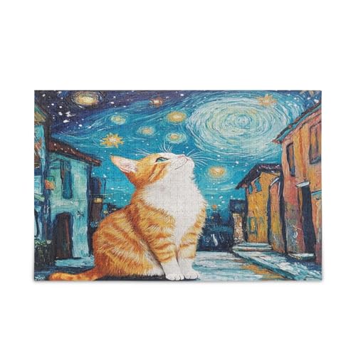 Niedliche orangefarbene Katze, Sternennacht, Holzpuzzle, lustige Puzzles, 500 Teile, Puzzle für Familie, 50,5 x 37,8 cm Niedliche orangefarbene Katze, Sternennacht, Holzpuzzle, lustige Puzzles, 500 Teile, Puzzle für Familie, 50,5 x 37,8 cm von RPLIFE