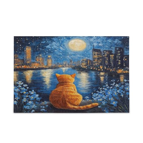 Niedliche orangefarbene Katze, Sternennacht, Puzzles für Familie, 1000 Teile, 74 x 70 cm von RPLIFE