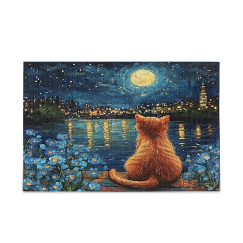 Niedliche orangefarbene Katzen-Sternennacht-Puzzles für Familie, 500 Teile, 50 x 37 cm von RPLIFE