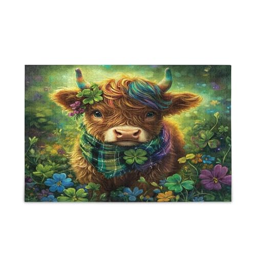 Niedliches Hochlandkuh grüne Blätter Erwachsenen-Puzzle mit Buchstaben auf der Rückseite, 1000 Teile, Puzzle für Familie, 74 x 70 cm von RPLIFE
