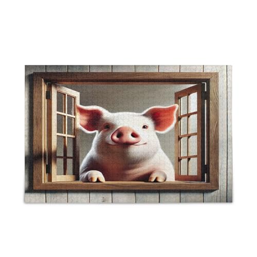 Niedliches Schwein-Fenster-Puzzle, Braun, Erwachsenen-Puzzle, Holzpuzzle für Erwachsene, 1000 Teile, Puzzle für Familie, 74 x 70 cm von RPLIFE