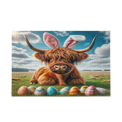 Oster-Puzzle, niedliches Hochlandkuh, Hasenohren, Holz-Puzzle, Bildpuzzle, 1000 Teile, Puzzle für Familie, 74 x 50 cm Oster-Puzzle, niedliches Hochlandkuh, Hasenohren, Holz-Puzzle, Bildpuzzle, 1000 Teile, Puzzle für Familie, 74 x 50 cm von RPLIFE