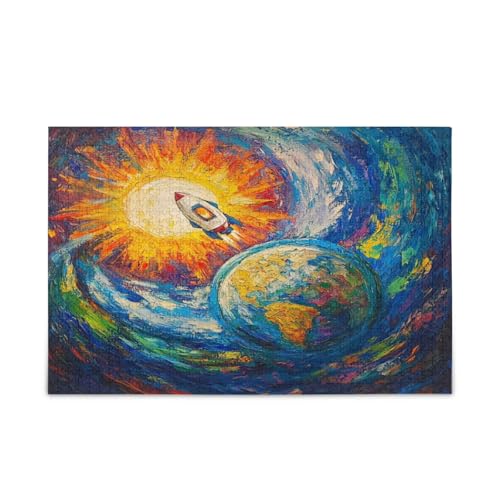 Painting Earth Rockets Ship Blue Adult Wooden Jigsaw Puzzles Family Puzzles 1000 Pieces 29.5×19.17.8 cm von RPLIFE