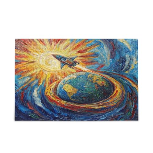 Painting Earth Rockets Ship Blue Adult Wooden Puzzles Family Puzzles 1000 Pieces 29.5×19.78 cm von RPLIFE