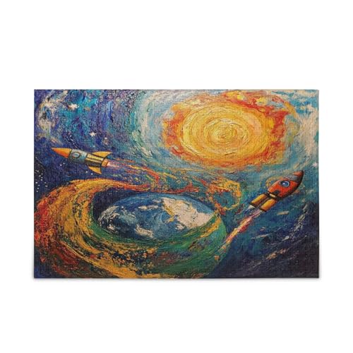 Painting Earth Rockets Ship Blue Erwachsene Puzzles Einzigartiges Puzzle 500 Teile Puzzle für Erwachsene 20,5 × 14,22,9 cm von RPLIFE