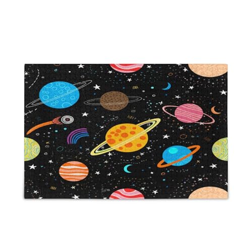 Playful Coloful Planets Black Adult Wooden Jigsaw Puzzles Picture Puzzle 500 Pieces Puzzle for Family 20.5×14.22.9 cm von RPLIFE