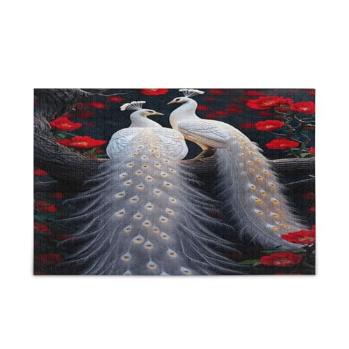 Puzzle mit weißen Pfauen und roten Blumen, Erwachsenen-Puzzles für Familie, 1000 Teile, 74 x 70 cm von RPLIFE