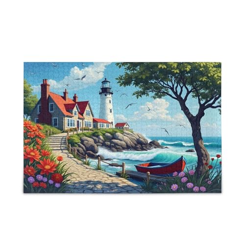 Retro Leuchtturm blaues Holzpuzzle Schöne Puzzles für Erwachsene 1000 Teile Puzzle für Familie 29,5 × 19,78 cm von RPLIFE