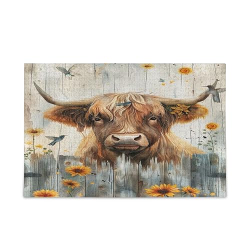 Rustikales Hochlandkuh, Sonnenblumen, Vögel, Holzpuzzle für Erwachsene, schönes Puzzle, 1000 Teile, Puzzle für Familie, 74 x 50 cm Rustikales Hochlandkuh, Sonnenblumen, Vögel, Holzpuzzle für Erwachsene, schönes Puzzle, 1000 Teile, Puzzle für Familie, 74 x 50 cm von RPLIFE