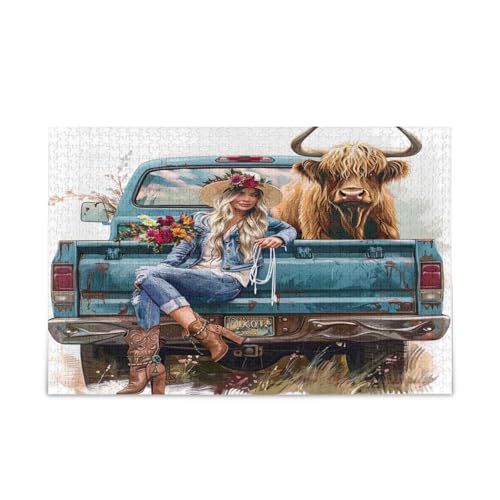 Schönes süßes Cowgirl-Heckklappen-Puzzle, schönes Puzzle, 1000 Teile, Puzzle für Familie, 74 x 70 cm von RPLIFE