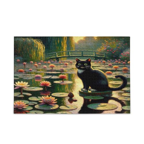 Schwarze Katze Wasserlilien Puzzle 1000 Teile, Hübsches Holzpuzzle mit Buchstaben auf der Rückseite, schöne lustige Puzzles für Erwachsene oder Familie von RPLIFE