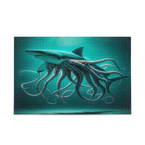 Shark Claws Holzpuzzle für Erwachsene, 1000 Teile, Puzzle für Familie, 74 x 50 cm, Blaugrün von RPLIFE