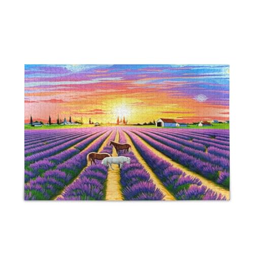 Sonnenuntergang Lavendelfelder Pferde Holzpuzzle Lustige Puzzles 1000 Teile Puzzle für Familie 29,5 × 19,78 cm von RPLIFE