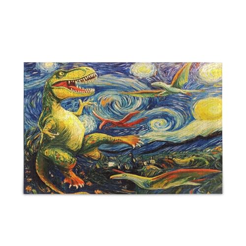 T Rex Chasing Pterodactyls Starry Night Puzzle, Familienpuzzle, 1000 Teile, 29,5 × 19,78 cm von RPLIFE