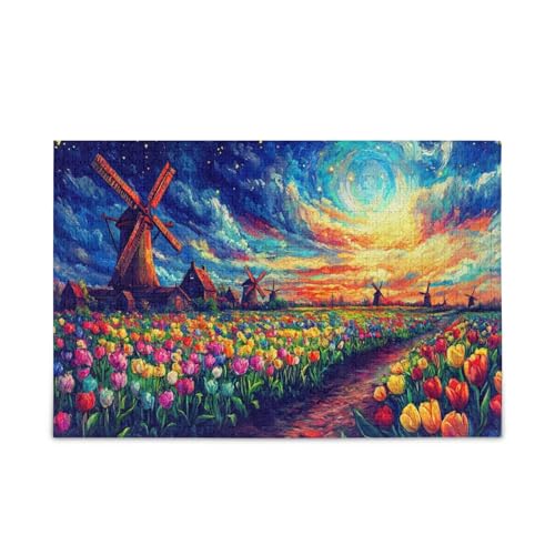 Vibrant Tulip Field Moonlight Erwachsenen-Puzzles für Familie, 500 Teile, 50 x 37 cm von RPLIFE