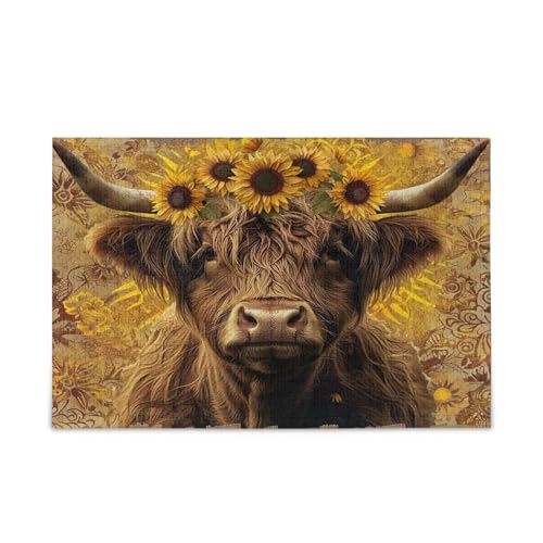 Vintage Highland Cow Sunflowers Jigsaw Puzzles 1000 Pcs Pretty Wood Puzzle with Letters on Back Beautiful Fun Puzzles for Adults or Family von RPLIFE