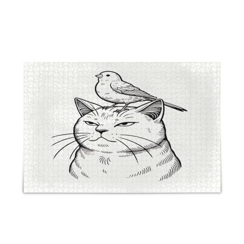 Wütende Katze mit Kanarienvogel auf dem Kopf Holzpuzzle für Erwachsene, Gehirnspiel, hübsche Puzzles, einzigartige Puzzles von RPLIFE