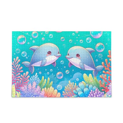 Zwei niedliche Cartoon-Delfine mit Blasen auf dem Meeresboden Holzpuzzle für Erwachsene, Gedankenspiele für Erwachsene, lustige Puzzles, einzigartiges Puzzle von RPLIFE