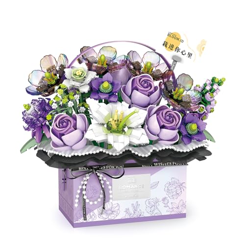 RSDHFLY Rosen Bonsai Bausatz,Blumen Baustein DIY Blumenstrauß Set,Handheld Geschenkbox, für Erwachsene und Kinder (Lila) von RSDHFLY