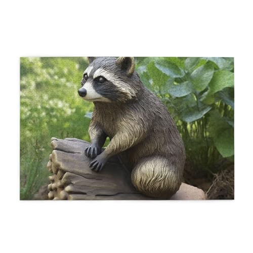 1000-teiliges Puzzle für Erwachsene, herausfordernde Puzzles für Spielabende, Waschbär-Statue, Holzpuzzle, personalisierte Holzpuzzles für Familie, Bildpuzzle, fertige Größe 74,9 x 50 cm von RTSTNMBD
