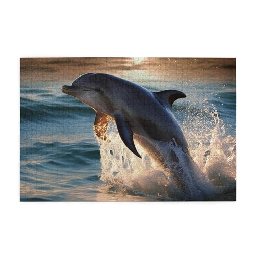 1000-teiliges Puzzle für Erwachsene, herausfordernde Puzzles für Spieleabende, schönes Delfin-Holzpuzzle, personalisierte Holzpuzzles für Familie, Bildpuzzle, fertige Größe 74,9 x 50 cm von RTSTNMBD