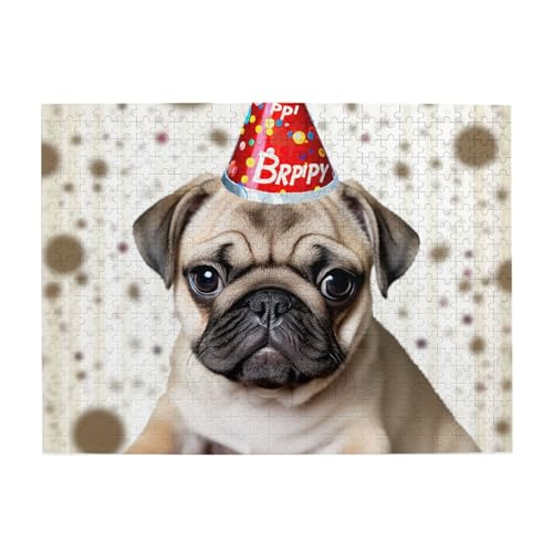 500-teiliges Puzzle für Erwachsene, herausfordernde Puzzles für Spielabende, niedliches Happy Birthday Mops, Welpe, Holzpuzzle, personalisierte Holzpuzzles für Familie, Bildpuzzle, fertige Größe 51,8 von RTSTNMBD