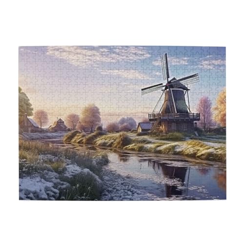 500-teiliges Puzzle für Erwachsene, herausfordernde Puzzles für Spielabende, raditionelle Windmühlen-Landschaft, Holzpuzzle, personalisierte Holzpuzzles für Familie, Bildpuzzle, fertige Größe 51,8 x von RTSTNMBD