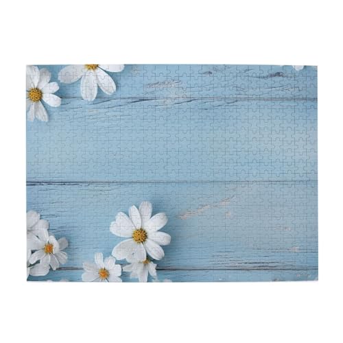 500-teiliges Puzzle für Erwachsene, herausfordernde Puzzles für Spieleabende, weiße Blumen, hellblau, Holzpuzzle, personalisierbar, individuelle Holzpuzzles für Familie, Bildpuzzle, fertige Größe 51,8 von RTSTNMBD