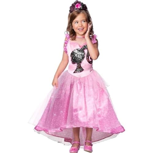 Rubies Barbie-Kostüm, offizielles Barbie-Kleid, luxuriös, Prinzessin, Pailletten, für Kinder – Größe 7 – 8 Jahre – Kostüm mit Kleid, Bustier und Diadem Rosa von Rubie's