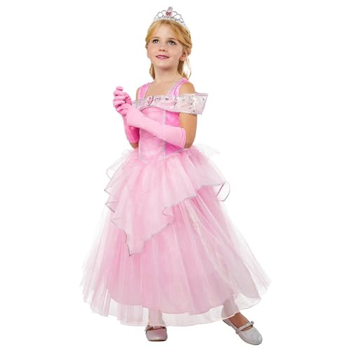 Rubies – Prinzessinnen-Kleid Rosa für Kinder – Größe 5-6 Jahre – Deluxe-Kostüm für Prinzessin, Mädchen, mit Tiara und Handschuhen – Kostüm für Karneval, Halloween, Geburtstagsgeschenk, Weihnachten von RUBIE'S