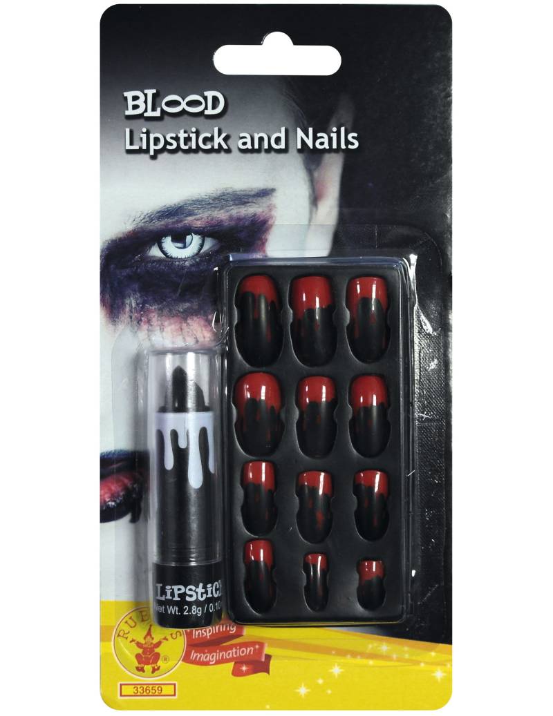 Halloween-Set Lippenstift und Kunstnägel schwarz-rot von RUBIES FRANCE