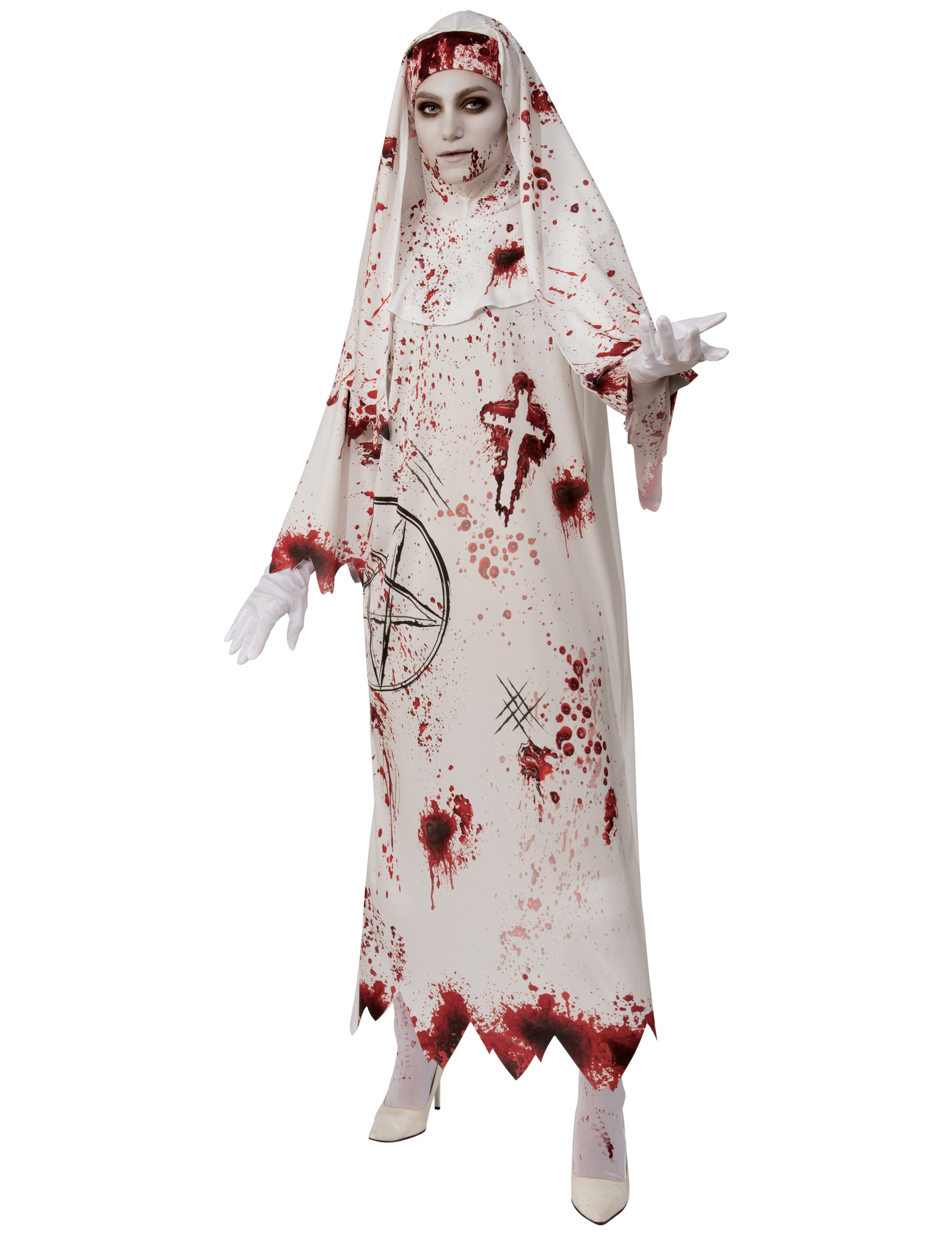 Schockierende Blut-Nonne Halloween-Damenkostüm weiß-rot von RUBIES FRANCE