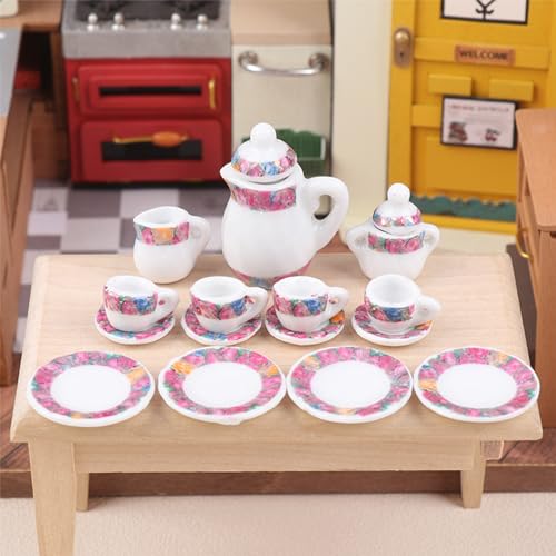 Französisches Blumen-Puppenhaus Miniatur-Tee-Set aus Keramik, 1:12, Spielzeug, Puppenhaus Küche Dekor Zubehör von RUDFUZ