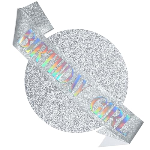 RUDONG M Geburtstag Mädchen Schärpe Glitzer - Silber Geburtstag Schärpe für Frauen & Mädchen | Süße 16/18./21./30./40./50./60./70., All-Age-Feierparty Dekor von RUDONG M