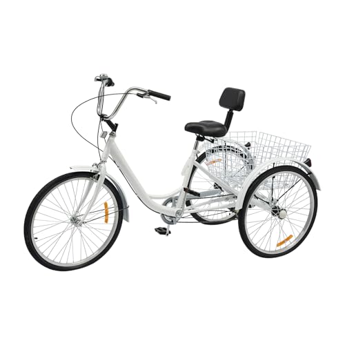 Dreirad für Erwachsene 24 Zoll, 6 Gänge 3 Rad Fahrrad mit Einkaufskorb Tricycle für Erwachsene und Senioren, Höhenverstellbar mit Rückenlehne, Klingel, Weiß. von RUETERY
