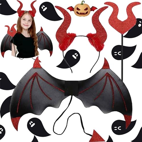 Dämonenflügel Set,63cm Teufelsflügel,Teufelskostüm Set,Teufels Zubehör,Teufelsflügel Stirnband,Kinder Teufelsflügel,Teufel Kostüm,Halloween Flügel (Rot) von RUHM
