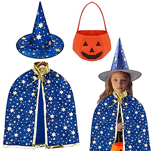 RUHM Kinder Halloween Kostüm,Wizard Cape,Hexe Zauberer Umhang,Zauberer Mantel Kinder,Zauberer Kostüm,Halloween Hexen Kostüm,Hexen Mantel,Zauberer Hut,Kürbis Candy Bag (Blau) von RUHM