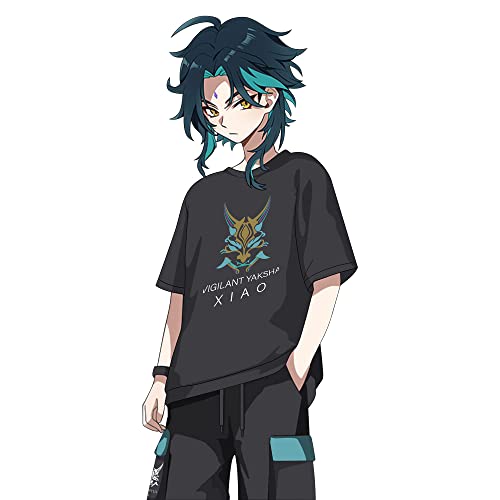 RUIBOCOS Genshin Impact Xiao Impression Kurze Ärmel T-Shirt Hose Anzug Cosplay Kostüme Unisex (T-Shirt-Black,L) von RUIBOCOS