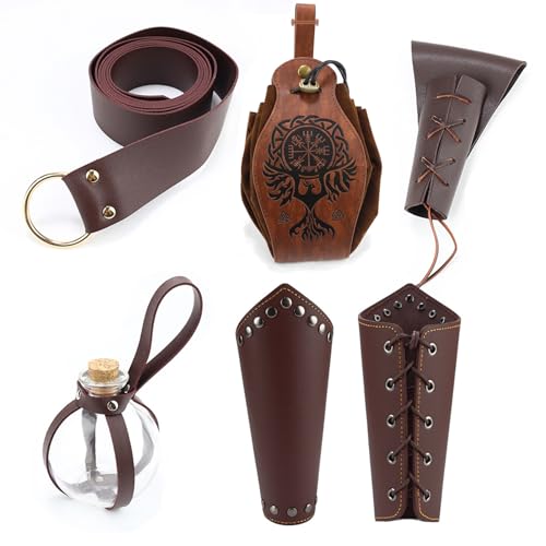 RUIITEN 5PCS Mittelalter Gürtel Renaissance Zubehör, Wikinger Leder Gürteltasche Arm Guard Dolch Abdeckung Gürtel Kork Trank Flasche für Halloween Ritter Pirat Wikinger Krieger Kostüm Cosplay Braun RUIITEN 5PCS Mittelalter Gürtel Renaissance Zubehör, Wikinger Leder Gürteltasche Arm Guard Dolch Abdeckung Gürtel Kork Trank Flasche für Halloween Ritter Pirat Wikinger Krieger Kostüm Cosplay Braun von RUIITEN