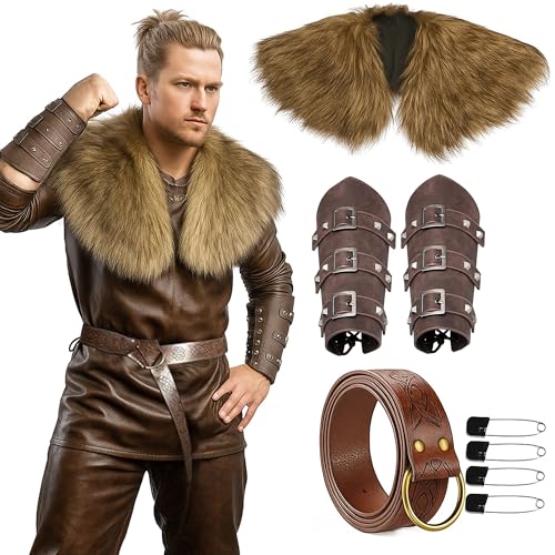 RUIITEN Wikinger-Kostüm-Zubehör-Set für Herren | Kunstpelzkragen, Armschützer aus PU-Leder, Gürtel | Mittelalterliches nordisches Krieger-Cosplay-Outfit für Halloween, LARP, Renaissance-Jahrmarkt RUIITEN Wikinger-Kostüm-Zubehör-Set für Herren | Kunstpelzkragen, Armschützer aus PU-Leder, Gürtel | Mittelalterliches nordisches Krieger-Cosplay-Outfit für Halloween, LARP, Renaissance-Jahrmarkt von RUIITEN