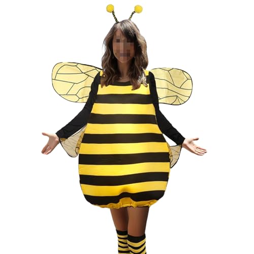 RUIWANBBY Halloween-Bienen-Sets für Damen, langärmelig, gestreift, Patchwork-Kostüm, kniehohe Socken und Haarreifen, Party, Cosplay, Outfits (Gelb, M) von RUIWANBBY
