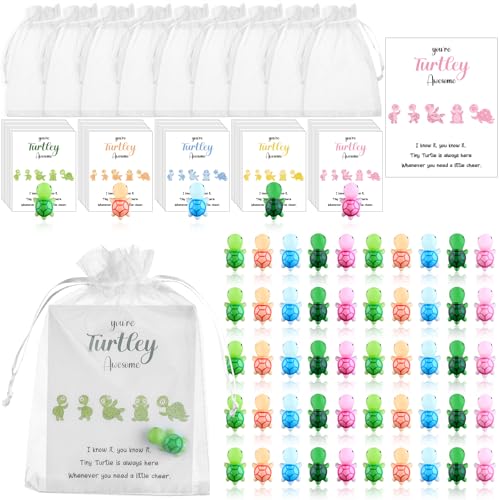 RUIYELE 50 Sets 'You're Turtley', inspirierendes Geschenk, 50 inspirierende Geschenk-Schildkröten-Grußkarten, 50 Mini-Meeresschildkröten-Figuren und 50 Organza-Beutel, Mitbringsel für Mitarbeiter von RUIYELE