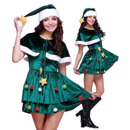 RUIYHE Weihnachtsbaum-Kostüm, grünes Samtkleid mit Pompons und Sternen, Urlaubsparty-Outfit, Weihnachtsbaumschmuck, menschliches Warteschlangen-Set (grün, L) von RUIYHE