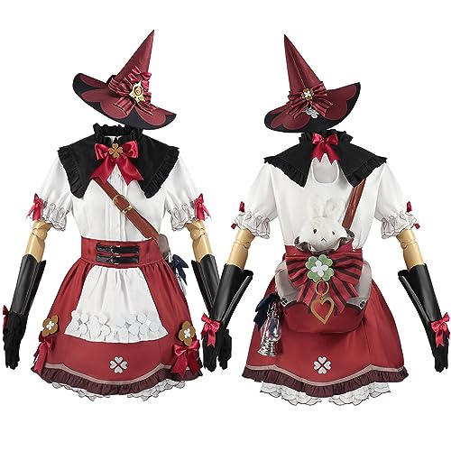 RUIZE Genshin Impact Klee Cosplay-Kostüm mit Hut, Genshin-Spielfiguren-Kostüm, komplettes Set mit Hut/Kopfschmuck/Rucksack, für Damen und Mädchen, Halloween, Rot, 110 cm von RUIZE