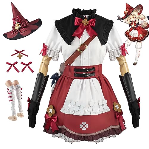 RUIZE Genshin Impact Klee Cosplay-Kostüm mit Hut, Genshin Spielfiguren-Kostüm, komplettes Set mit Hut/Kopfschmuck/Rucksack, für Damen und Mädchen, Halloween, Rot, Größe L von RUIZE