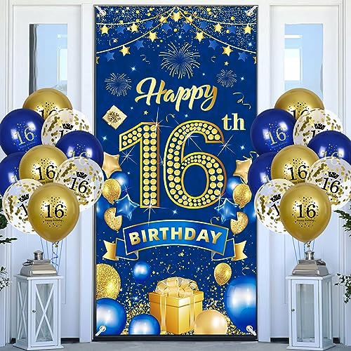 16.Geburtstagsdeko Navy Blau Gold Banner mit Luftballon,16.Geburtstag Dekoration für 16 Jahre Jungen Mädchen 16th Birthday Geburtstags Türbanner 16 Latex Konfetti Ballon Jubiläum Geburtstag Party Deko von RUMIA