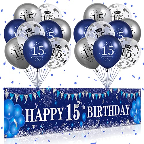 Blau 15. Geburtstag Dekorationen für Jungen Mädchen, Marineblau Silber 15. Geburtstag Banner und 15. Geburtstag Luftballon für 15. Geburtstag Party-Zubehör von RUMIA