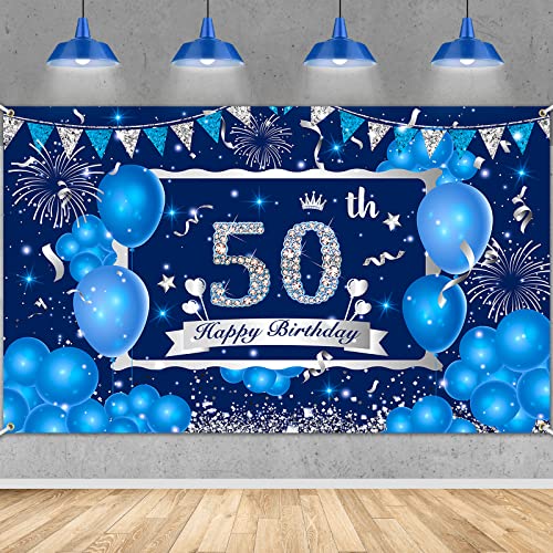 Blauer 50. Geburtstag Dekorationsbanner für Männer Frauen, Marineblau Silber Happy 50. Geburtstag Banner Hintergrund, Großes blaues 50. Geburtstag Banner für 50. Geburtstag Jubiläum Party Dekoration von Onetobye