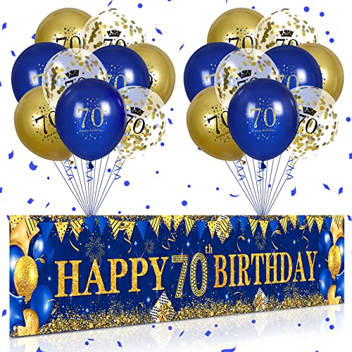 70. Geburtstag Party Deko für Mann Fraue Blau Gold, Luftballons 70. Geburtstag Blau Gold Banner und 18 PCS 70. Happy Birthday Konfetti Ballons für Deko 70 Jubiläum Geburtstagsparty Dekoration von RUMIA